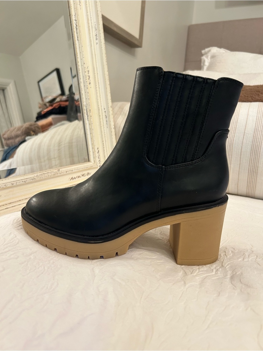 Black Leather Chunky Heel Ankle Boots